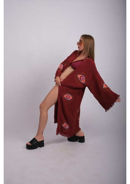 Bordo Ağaç Baskı Mistik Göz Desenli Kuşaklı Üç Kat Müslin Kimono , Sabahlık , Bornoz