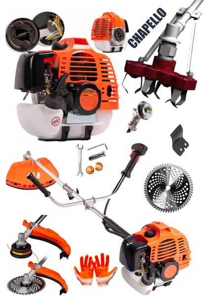 Kömürsüz Motor 20HPX Çelik Krom Piston Benzinli Ot Çalı Çim Biçme Makinası - Yan Tırpan + Chapello Set modelleri