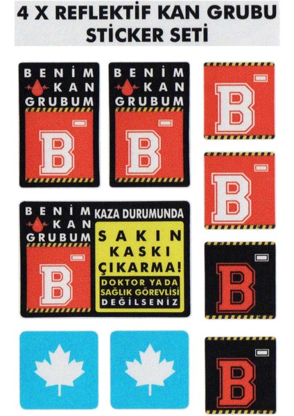 Çınar Extreme® B Rh- (Negatif) Kaskımı Çıkartma Yazılı 7 Parçalı Reflektif Kan Grubu Sticker Seti