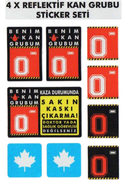 Çınar Extreme® 0 Rh- (Negatif) Kaskımı Çıkartma Yazılı 7 Parçalı Reflektif Kan Grubu Sticker Seti