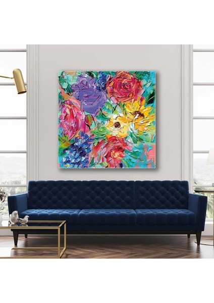 Pembe ve Mor Çiçeklerle Ayçiçeği Buketi Fırça Izleri Kare Hd Baskı Kanvas Tablo