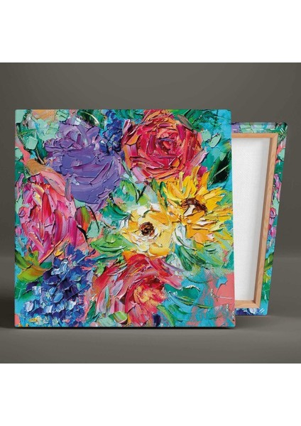 Pembe ve Mor Çiçeklerle Ayçiçeği Buketi Fırça Izleri Kare Hd Baskı Kanvas Tablo fiyatları