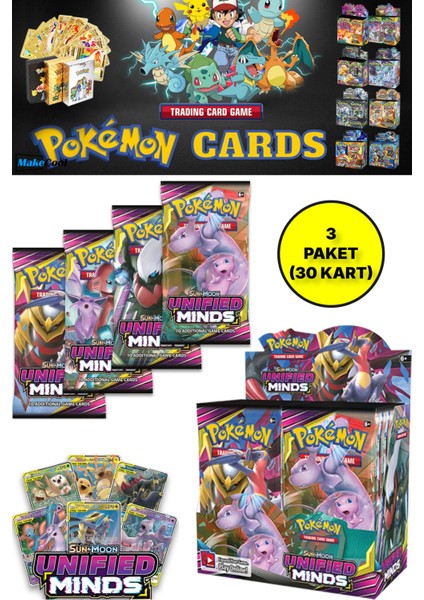 Pokemon Oyun Kartı Tcg Sun & Moon Unified Minds Booster Pack - 3 Paket (30 Kart)