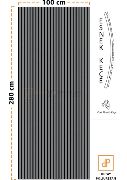 Detay Poliüretan Mdf Ahşap Akustik Duvar Paneli 100 x 280 cm ( Antrasit )