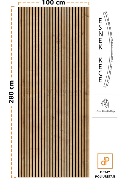 Detay Poliüretan Mdf Ahşap Akustik Duvar Paneli 100 x 280 cm ( Safir Meşe )