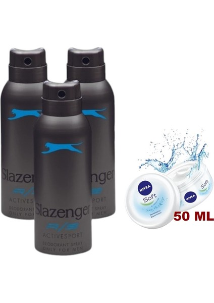 Active Sport Erkek Deodorant Spray Mavi 150 ml x 3 Adet + Nivea Soft Krem 50 ml