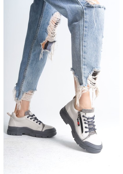 Agatha Bağcıklı Fermuarlı Ortopedik Taban Cilt Kadın Sneaker Ayakkabı Gt Krem