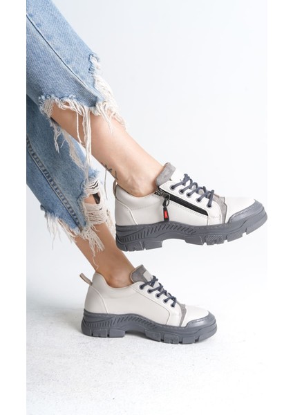 Agatha Bağcıklı Fermuarlı Ortopedik Taban Cilt Kadın Sneaker Ayakkabı Gt Krem
