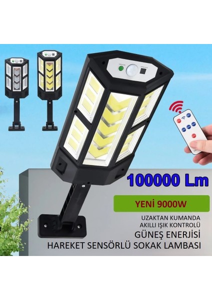 Yüksek Performanslı 9000W Güneş Enerjili LED Aydınlatma Lambası Uzaktan Kumandalı Hareket Sensörlü