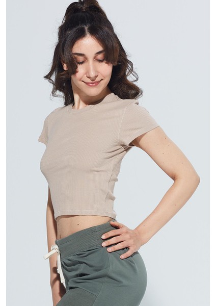 Skye Bisiklet Yaka Ribanalı Kısa Kollu Örme Crop T-Shirt 1032