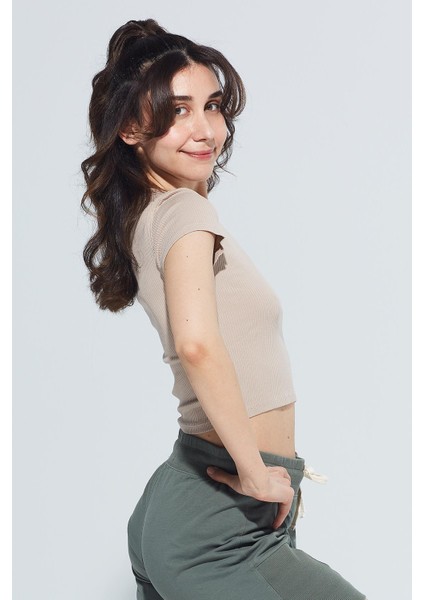 Skye Bisiklet Yaka Ribanalı Kısa Kollu Örme Crop T-Shirt 1032