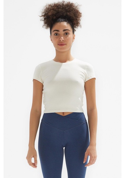 Skye Bisiklet Yaka Ribanalı Kısa Kollu Örme Crop T-Shirt 1032