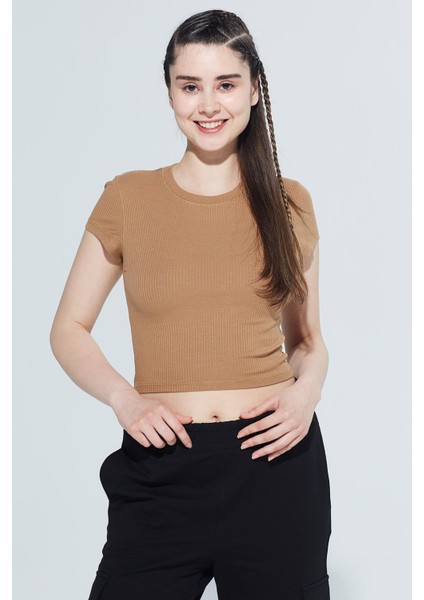 Skye Bisiklet Yaka Ribanalı Kısa Kollu Örme Crop T-Shirt 1032