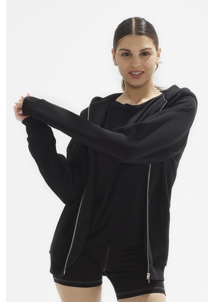 Ela Kapüşonlu 2 İplik Fermuar Detaylı Loose Fit Örme Sweatshirt 1051