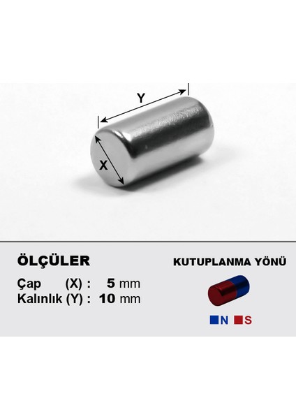 Neodyum Mıknatıs D5X10 Çap 5mm Kalınlık 10MM Çok Güçlü Mıknatıs 5 Adet