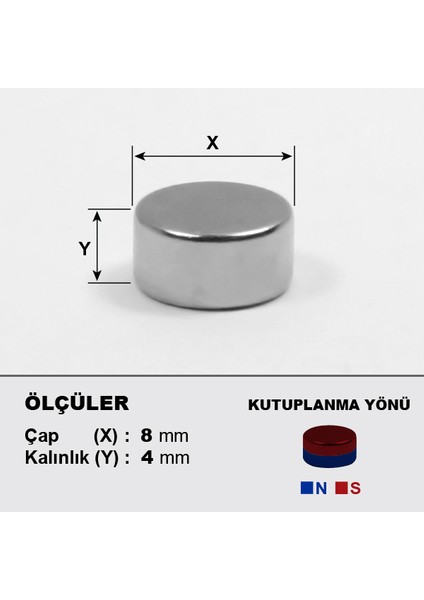 Neodyum Mıknatıs D8X4 Çap 8mm Kalınlık 4mm Çok Güçlü Mıknatıs 10 Adet