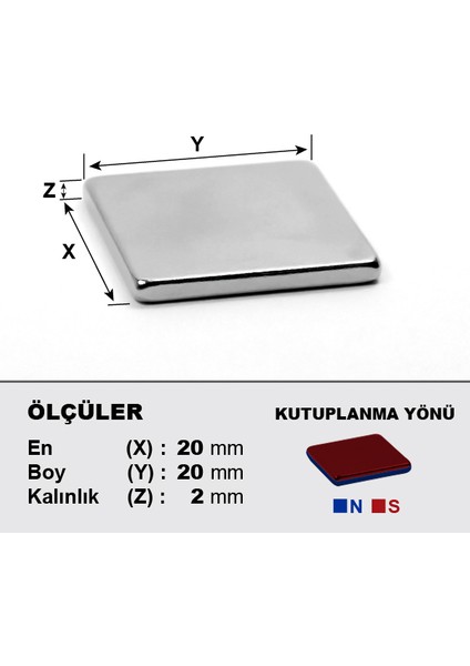 Neodyum Mıknatıs 20 x 20 x 2 Boy 20 mm En 20 mm Kalınlık 2 mm Çok Güçlü Mıknatıs 5 Adet