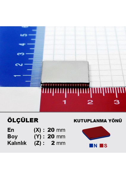 Neodyum Mıknatıs 20 x 20 x 2 Boy 20 mm En 20 mm Kalınlık 2 mm Çok Güçlü Mıknatıs 5 Adet