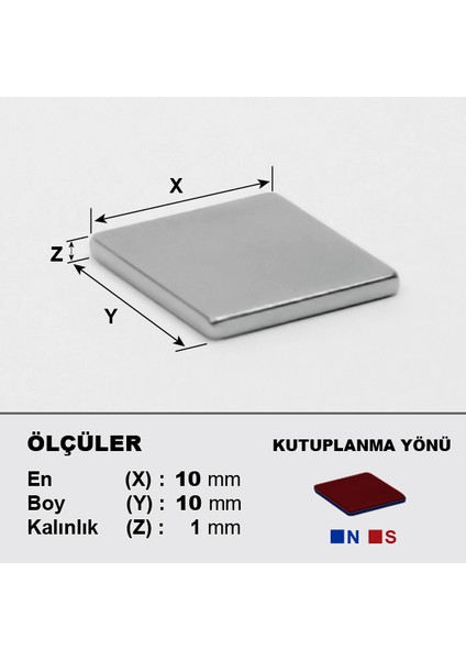 Neodyum Mıknatıs 10 x 10 x 1 Boy 10 mm En 10 mm Kalınlık 1 mm Çok Güçlü Mıknatıs 10 Adet