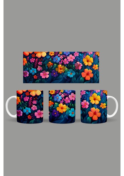 Renkli Çiçekler - Colorful Floral Temalı Kupa Hediyelik Sunumluk Çeyizlik Kahve Fincanı