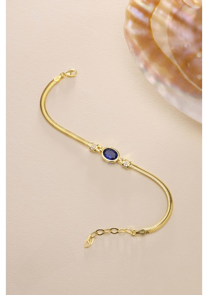925 Ayar Gümüş Balık Sırtı Model Zincirli Gold Oval Mavi Taşlı Bileklik fiyatları