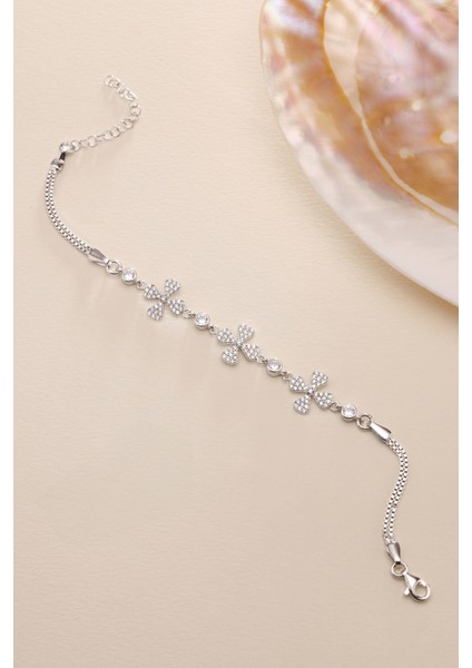 925 Ayar Gümüş Rodyum Kaplama Sıralı 3'lü Yonca Bileklik modelleri