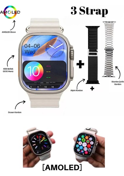 Akıllı Saat Hello Watch 3 Plus Amoled 3 Kordon Ultra 49MM Şarj Pusula 4gb Akıllı Saat