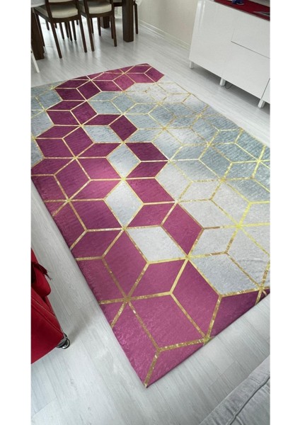 Carpet Cover Fuşya Piramit Model Ipek Kadife Lastikli Halı Örtüsü