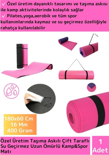 Premium Çift Taraflı Su Geçirmez Taşıma Askılı Kamp Uyku Matı Minder Yoga Pilates Pembe 16 mm