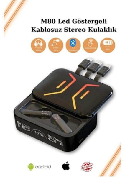 Yüksek Kaliteli M80 Bluetooth Kulaklık Anc/enc Özellikli Powerbank Özellikli Aynali