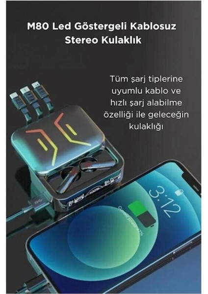 Yüksek Kaliteli M80 Bluetooth Kulaklık Anc/enc Özellikli Powerbank Özellikli Aynali