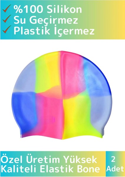 Özel Üretim Su Geçirmez Silikon Yüzücü Havuz&deniz Bonesi Elastik Yüzme Şapkası Renkli 2 Adet