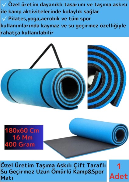Premium Su Geçirmez Dayanıklı Taşıma Askılı Çift Taraf Kamp Uyku Matı Yer Minderi Yoga 16MM Kalın