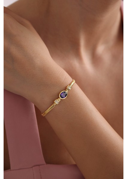 925 Ayar Gümüş Balık Sırtı Model Zincirli Gold Oval Mor Taşlı Bileklik