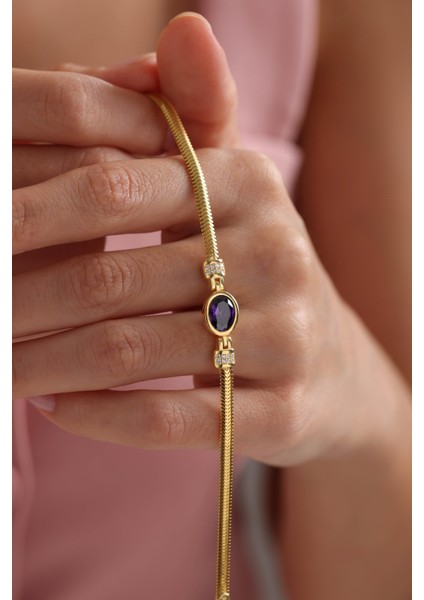 925 Ayar Gümüş Balık Sırtı Model Zincirli Gold Oval Mor Taşlı Bileklik fiyatları
