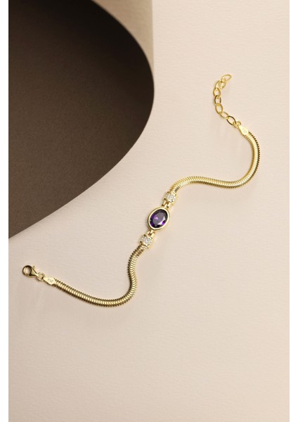 925 Ayar Gümüş Balık Sırtı Model Zincirli Gold Oval Mor Taşlı Bileklik fırsatları