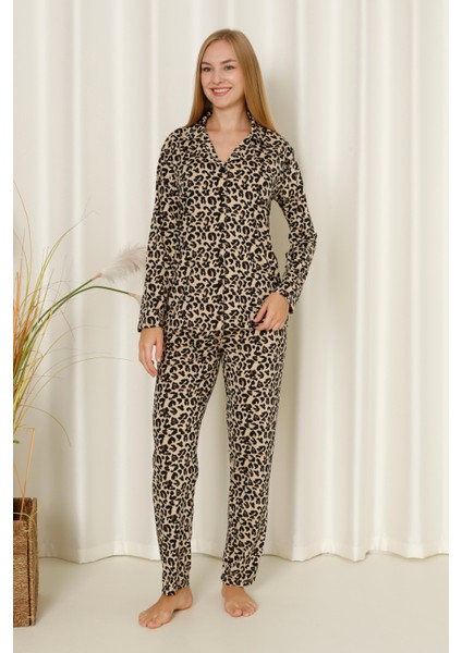Mr 9507 Leopar Desenli Milan Yumuşak Likralı Kumaş Boydan Düğmeli Kadın Pijama Takımı