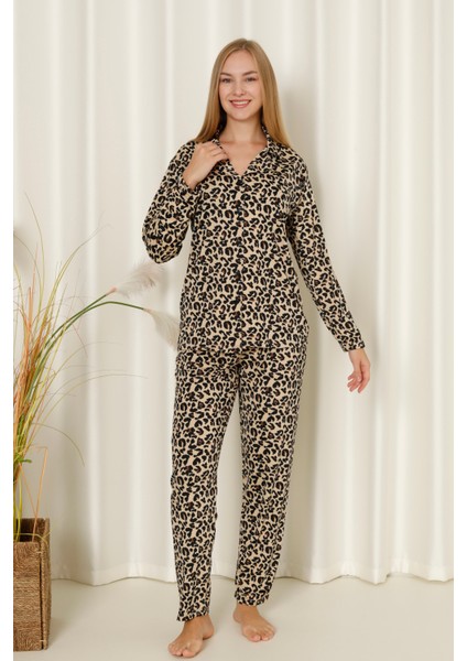 Mr 9507 Leopar Desenli Milan Yumuşak Likralı Kumaş Boydan Düğmeli Kadın Pijama Takımı