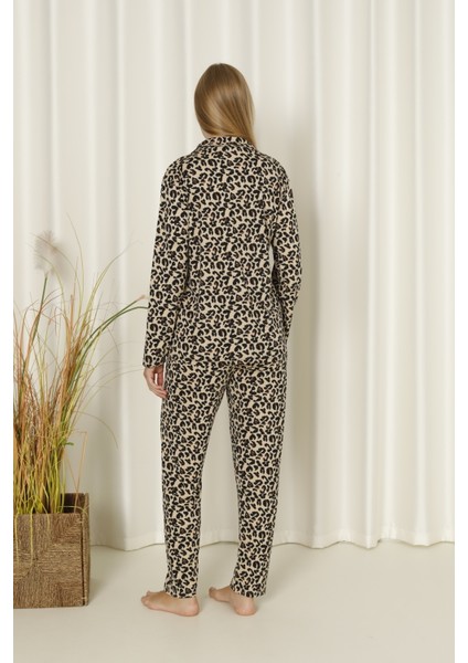 Mr 9507 Leopar Desenli Milan Yumuşak Likralı Kumaş Boydan Düğmeli Kadın Pijama Takımı