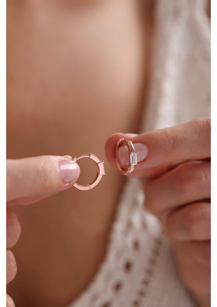 925 Ayar Gümüş Rose Kaplama 15 mm Halka Tektaş Baget Küpe