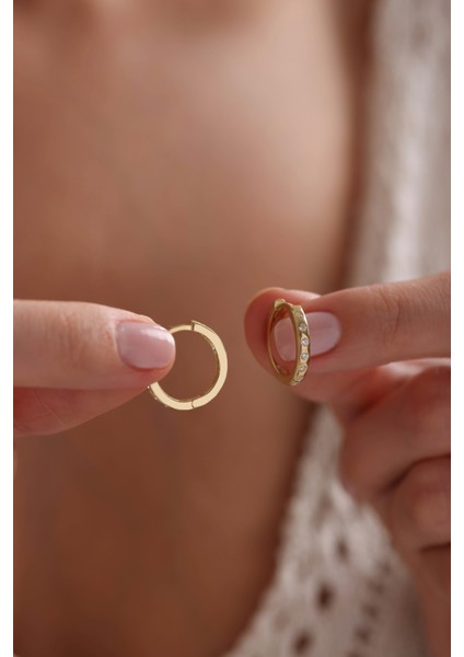 925 Ayar Gümüş Gold Kaplama Zirkon Taşlı 15 mm Halka Küpe