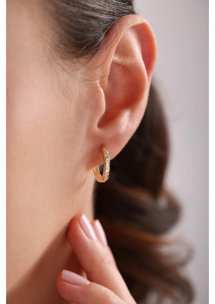 925 Ayar Gümüş Gold Kaplama Zirkon Taşlı 15 mm Halka Küpe modelleri