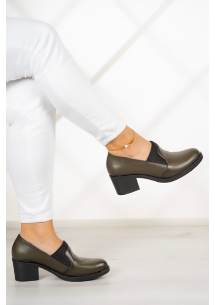 Alizee Haki Hakiki Deri Günlük Topuklu Ayakkabı