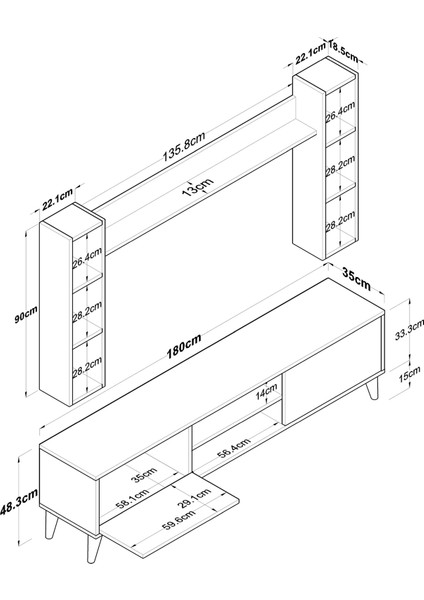 A9 Duvar Raflı Tv Ünitesi Kitaplıklı Tv Sehpası Duvara Monte Raflı Modern Ayaklı 180 cm Minyatür Ceviz M5