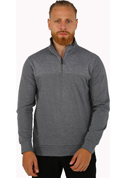 Brg Erkek Jakarlı Regular Fit Desenli Dik Yakalı Gri Sweatshirt