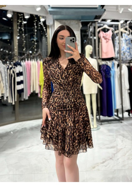 Eleonora Leopar Desenli Bel Büzgülü Uzun Kol Tül Elbise Kahve