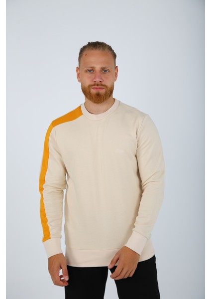 Brg Erkek Yumuşacık Kumaşlı Regular Fit Desenli Bisiklet Yakalı Bej Sweatshirt