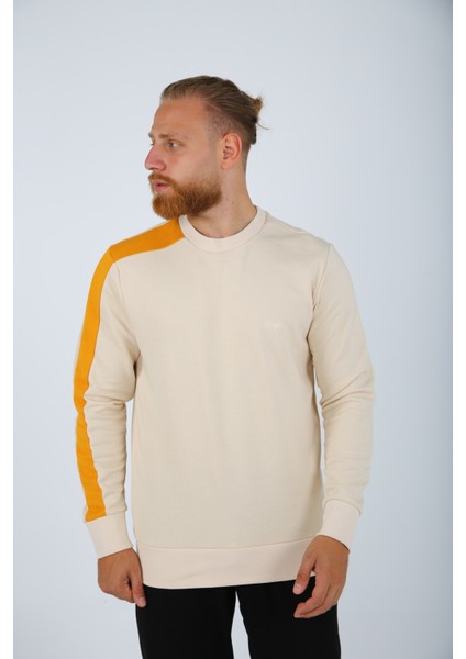 Brg Erkek Yumuşacık Kumaşlı Regular Fit Desenli Bisiklet Yakalı Bej Sweatshirt