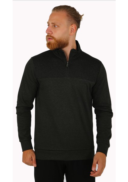 Brg Erkek Jakarlı Regular Fit Desenli Dik Yakalı Haki Sweatshirt