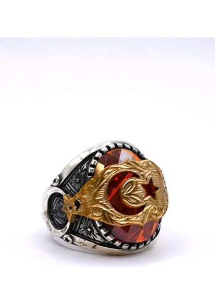 925 Ayar Gümüş Kırmızı Yakut Taşlı Türk Bayraklı Erkek Yüzük